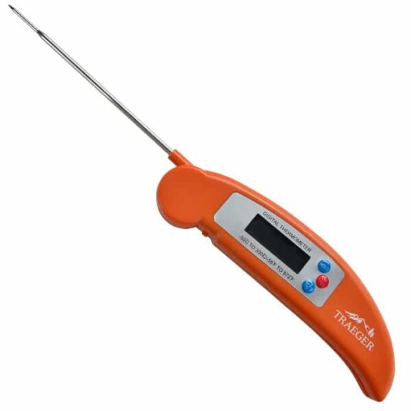 The TRAEGER Digital Instant Read Thermometer is orange, features a metal probe, LCD screen, three blue and red buttons, and displays the Traeger logo.