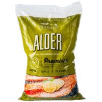 A green and white 20lb TRAEGER-Alder Pellets bag, labeled for smoking, grilling, and flavoring food, features an image of smoked fish with lemon slices.