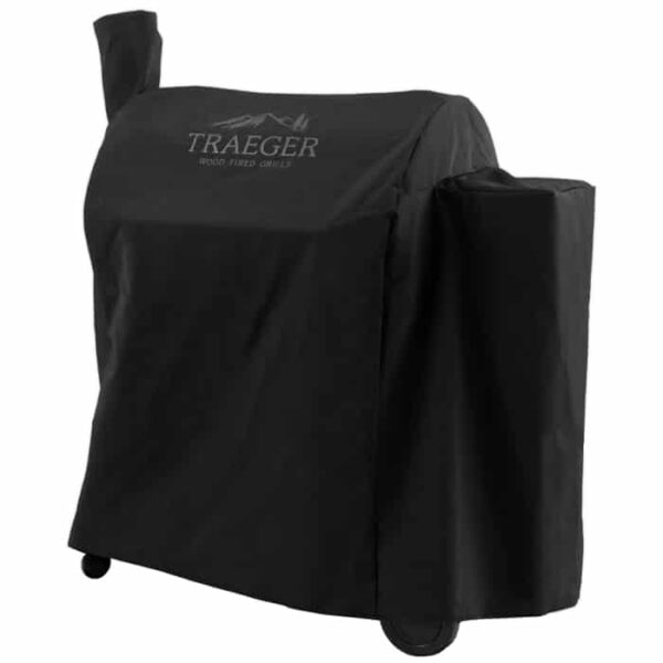 The Pro 780 Full-Length Grill Cover features the Traeger logo and protects your pellet grill in black, concealing its shape while leaving wheels and side compartments visible.