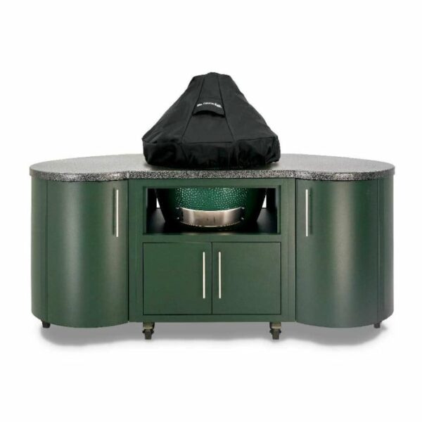 Green outdoor kitchen cabinet with granite countertop, featuring a BGE-Universal Dome Cover LG/XL for your grill or smoker in the center compartment and storage cabinets below.