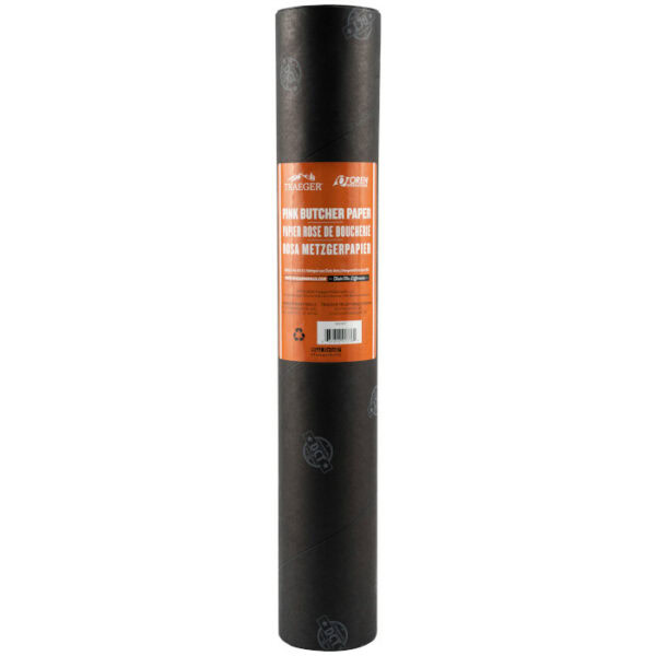 A roll of Traeger Pink Butcher Paper with a black outer layer and an orange label showing product details in English, French, and Spanish stands upright against a white background.