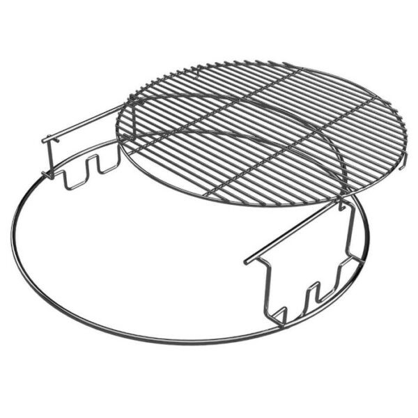 The BGE-XL EGGspander 2 Piece features a circular metal grill grate with a removable wire stand and ring frame, ideal for outdoor barbecuing or grilling.