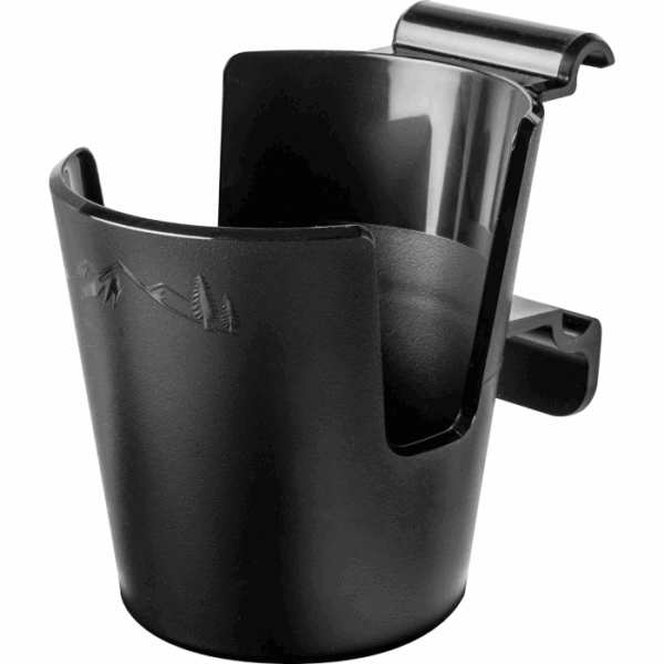 The TRAEGER Pop & Lock Cup Holder is a black plastic cup holder with a clip for attaching to car doors or surfaces, featuring an embossed mountain and tree design on the front.