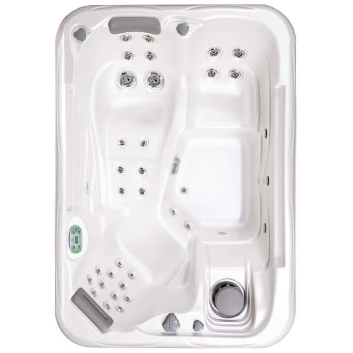 Top-down view of the 532L hot tub in Tuscan Sun Shell with Java Cabinet, featuring multiple jets, molded seats, a footwell, a circular filter or speaker, and a digital control panel on the side.