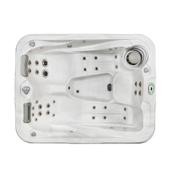 Top view of the 533DL hot tub in Silver Marble Shell with Grey Cabinet, showing a rectangular shape, multiple jets, two contoured seats with headrests, a control panel, and a circular filter compartment on one side.