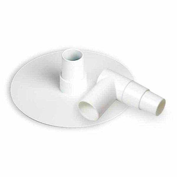 The Vac Plate, Olympic is a white plastic pipe fitting with a circular flat base and three angled connector ends for joining pipes or tubes.