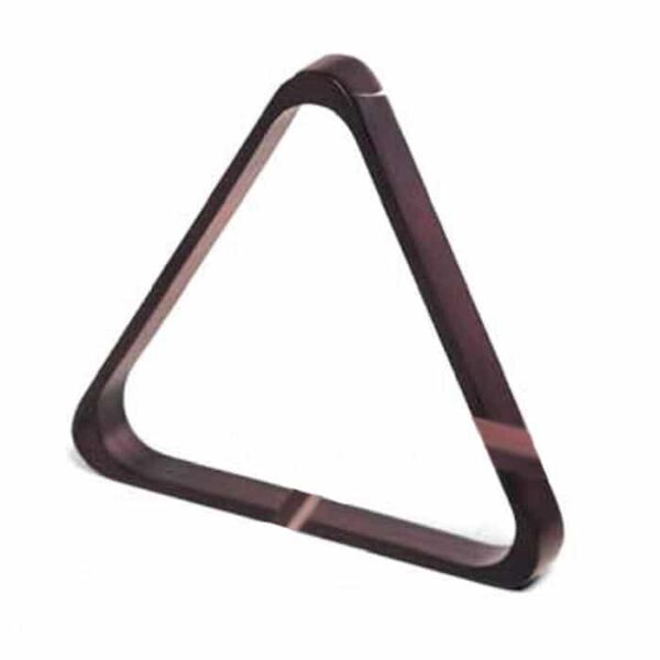 The 8 Ball Rack-Mahogany is a dark-colored, triangular pool ball rack with rounded edges, shown on a white background.