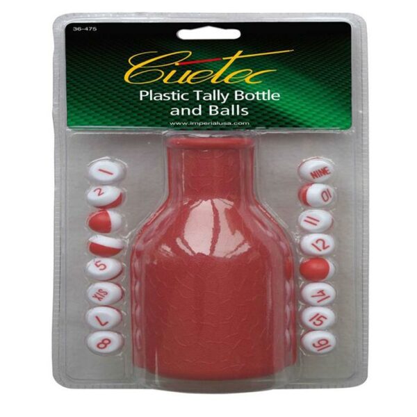 The Pool Tally Bottle and Balls set features a red bottle at the center and 20 small white balls with red numbers and designs, all arranged neatly in packaging.