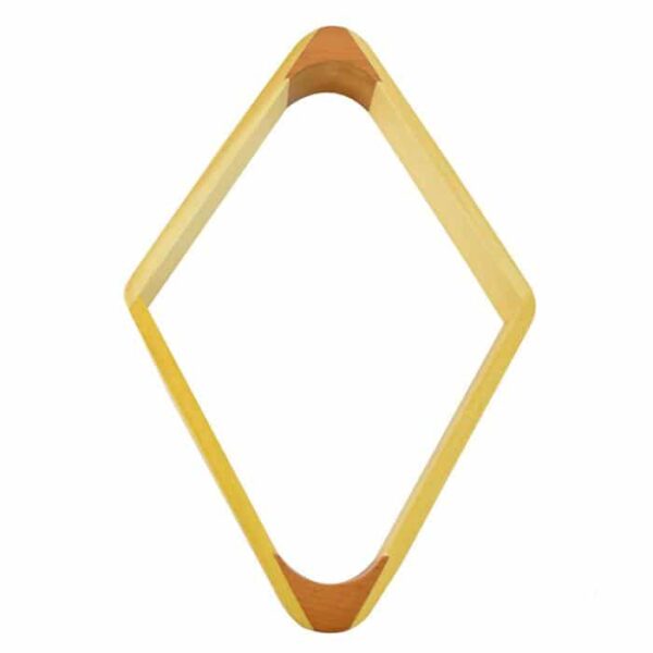 The 9 Ball Rack-Hardwood is a diamond-shaped wooden shelf with rounded corners and two-toned wood, featuring lighter sides and darker ends, shown against a white background.