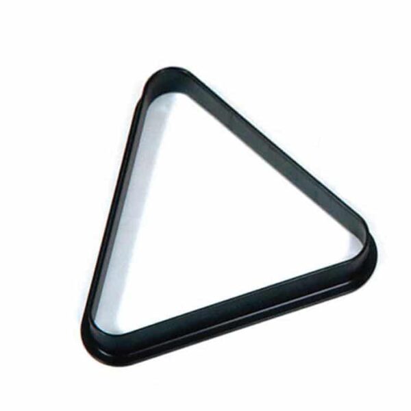 The 8 Ball Rack-Black Plastic, a black triangular rack designed for arranging pool balls at the start of a game, is shown on a white background.