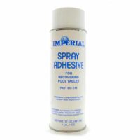 A 17 oz (481.9g) white can of Spray Cloth Adhesive, designed for pool table recovering, features blue text with product info and safety warnings, and is marked as extremely flammable.