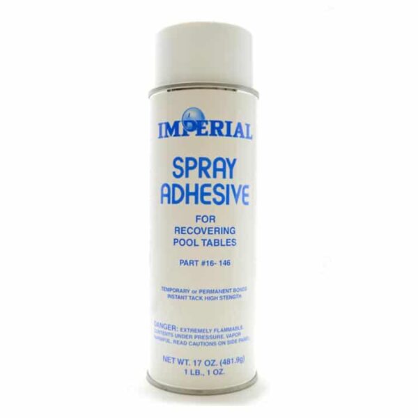 A 17 oz (481.9g) white can of Spray Cloth Adhesive, designed for pool table recovering, features blue text with product info and safety warnings, and is marked as extremely flammable.
