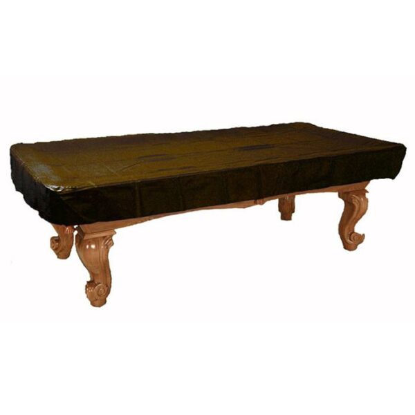 A 7-foot pool table with ornate legs, protected by the Fitted Ngyd Cover in brown.