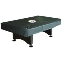 The Pitt Steelers Ngyd Cover 8FT is a black pool table cover with the Pittsburgh Steelers logo in the center, shown fitted on a rectangular table with black legs.