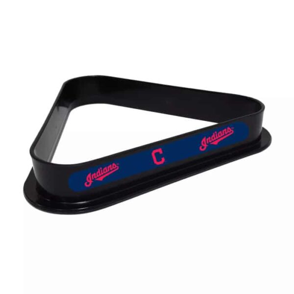 A black triangle-shaped 8 Ball Rack featuring Indians in red and a red C logo on a blue background, representing the Cleveland Indians.