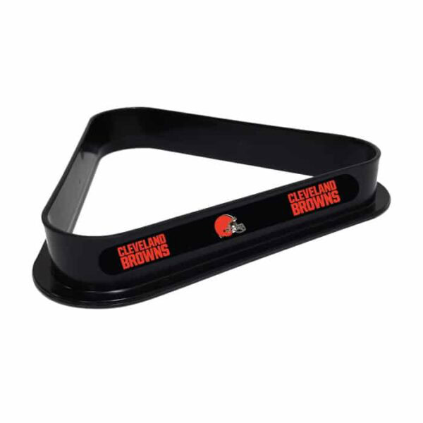 The 8 Ball Rack-Cleveland Browns is a black, triangular billiard ball rack featuring Cleveland Browns logos and a small football helmet graphic on the side.