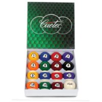 The Cutec Billiard Ball Set includes 16 balls (numbers 1-15 and a cue ball) arranged in a white box with a green, honeycomb-patterned lid labeled Cuetec.