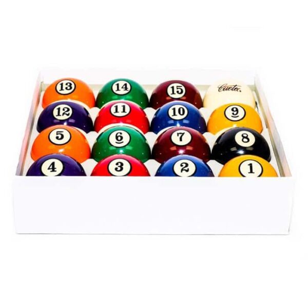 The Cutec Billiard Ball Set comes in a white box and includes a complete set of colorful pool balls, each numbered from 1 to 15.