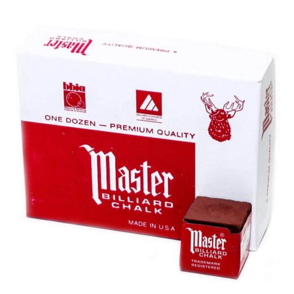 A red and white box labeled Master Billiard Cue Chalk-Burgundy (12 per box) sits behind a single burgundy chalk cube, both showing the brand name, a deer head logo, and Made in USA.