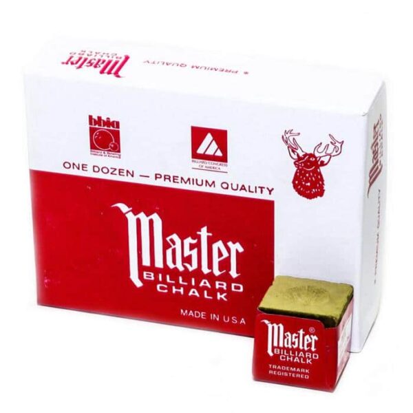 A box of Master Billiard Cue Chalk-Gold (12 per box) displays one gold chalk cube in front. The packaging shows a deer head logo and has white and red text.