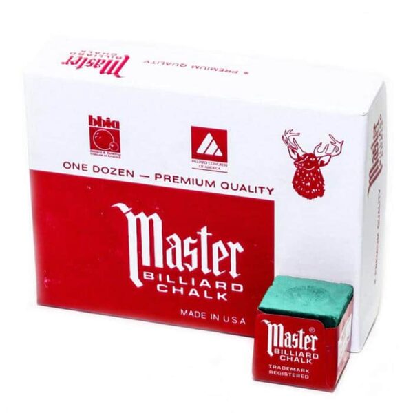 A box of Master Billiard Cue Chalk-Green (12 per box) with a red and white design featuring a stag logo is shown, along with one green chalk cube outside the box in the lower right corner.