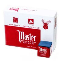 A box of Chalk-Master-Blue, with red and white packaging featuring a stag logo, and a single blue chalk cube in front of the box.