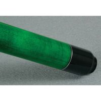 Close-up of the handle end of a Cue-McDermott Lucky L3 green and black billiard cue stick resting on a gray surface.