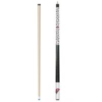 The Cue & Case Set Ohio State features two upright cues: one in plain light wood with a blue tip, and the other with a black, white, and red pattern plus a bucking horse image at the bottom.