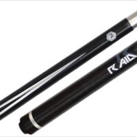 Close-up of two Cue RAID Pearl Blk/Slv Points pool cues with silver and white accents, brand logos, and markings near the handles and shafts, set against a white background.