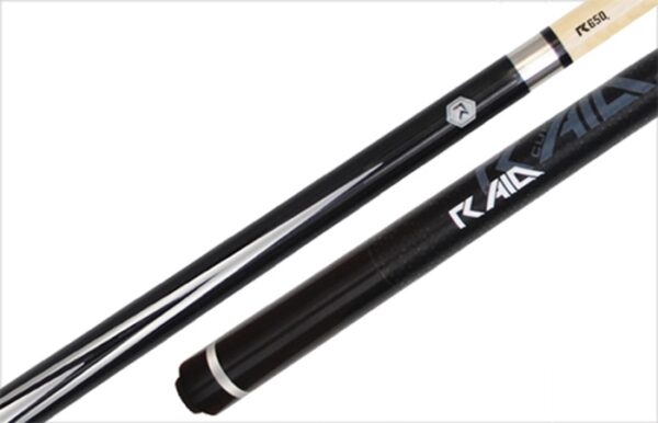 Close-up of two Cue RAID Pearl Blk/Slv Points pool cues with silver and white accents, brand logos, and markings near the handles and shafts, set against a white background.