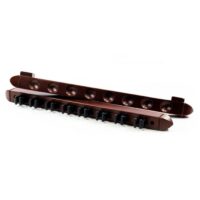 The Wall Rack 8 Cue-Walnut is a wooden rack designed to hold billiard cues, featuring multiple hooks and shown against a white background.
