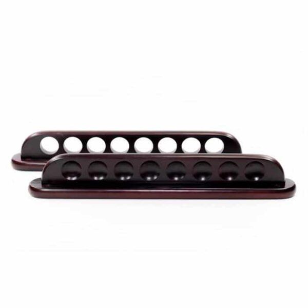 The Imperial Deco 2-Piece 8 Cue Wall Rack-Mahogany features two dark brown rectangular racks with rounded edges, each holding eight evenly spaced cue slots, shown against a white background.