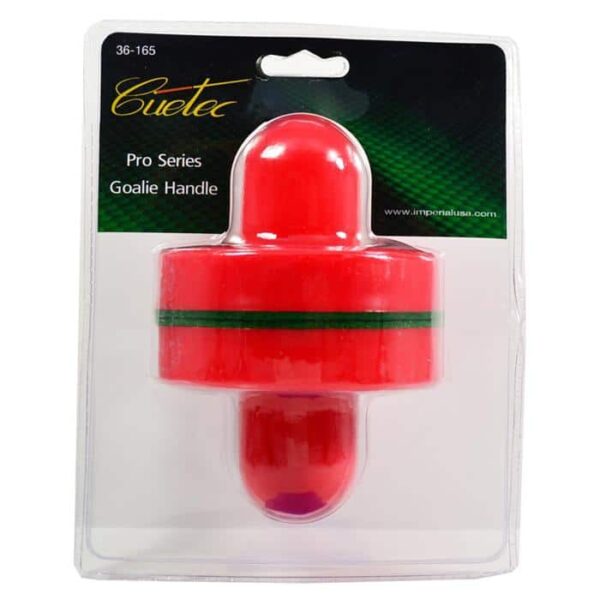 A 2-pack of Cuetec Pro Series Air Hockey Strikers, each with a red handle and green stripe, displayed in clear plastic packaging with a black and green label.