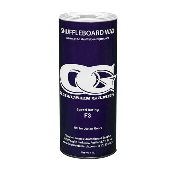 A cylindrical container labeled Olhausen Shuffleboard Wax - F3, with a large logo and product details on a dark blue background. The label notes speed rating F3 and states its not for use on floors.
