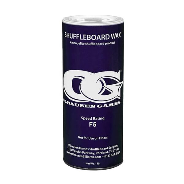 A cylindrical Olhausen Shuffleboard Wax - F5 container features a dark blue label with white text, the company logo, Speed Rating F5, and usage plus contact information on the front.