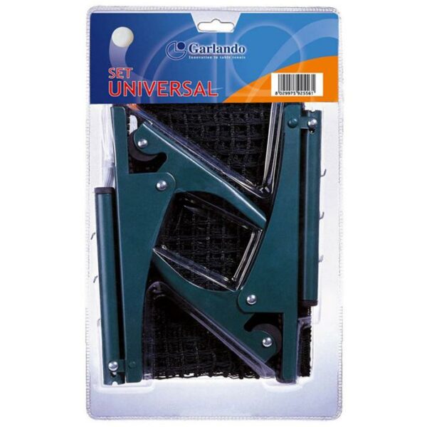 The Garlando Universal Table Tennis Replacement Net and Posts Set features a black net and green metal posts, packaged in clear plastic with a blue and orange label.