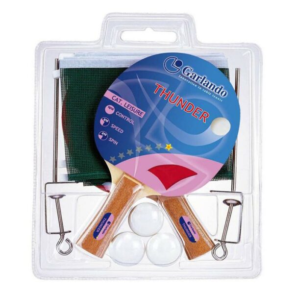 The Garlando Thunder Plus Table Tennis Racket Set comes in clear packaging with two branded paddles, three white balls, a green net, and posts with clamps for easy attachment.