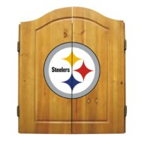 The Dartboard Set-Pitt. Steelers features a wooden cabinet with the Pittsburgh Steelers logo—three colored diamonds and Steelers—on the front doors.