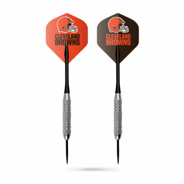 The Dart Set-Cleveland Browns includes two metal darts with textured grips and flights featuring the teams logo and text—one orange and one brown, both on a white background.
