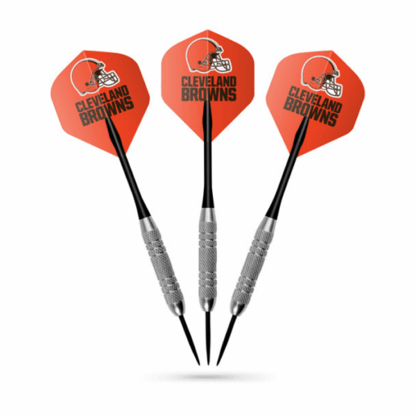 The Dart Set-Cleveland Browns features three metal darts with orange flights, each displaying the team’s football helmet logo and Cleveland Browns, all shown upright on a white background.