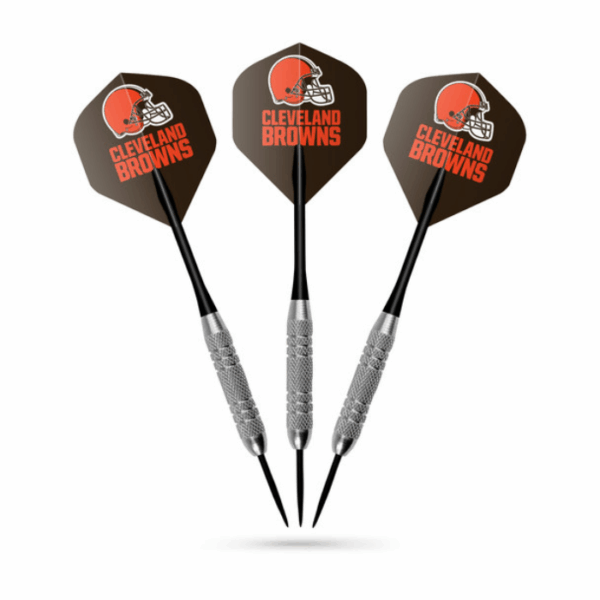 The Dart Set-Cleveland Browns features three metal-tipped darts with black shafts and brown flights, each decorated with the Cleveland Browns logo and text, displayed upright against a white background.