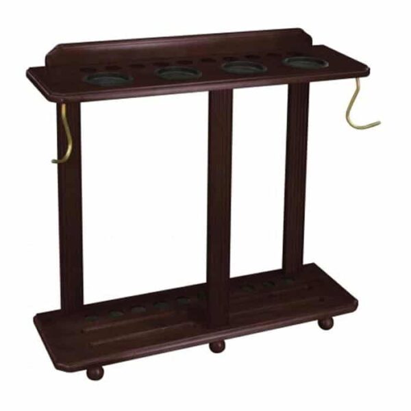 The Heritage Floor Cue Rack - Black Cherry features a dark wooden stand with circular slots on the top and bottom shelves, two vertical supports, and two brass hooks on the side, designed to hold and organize cues.