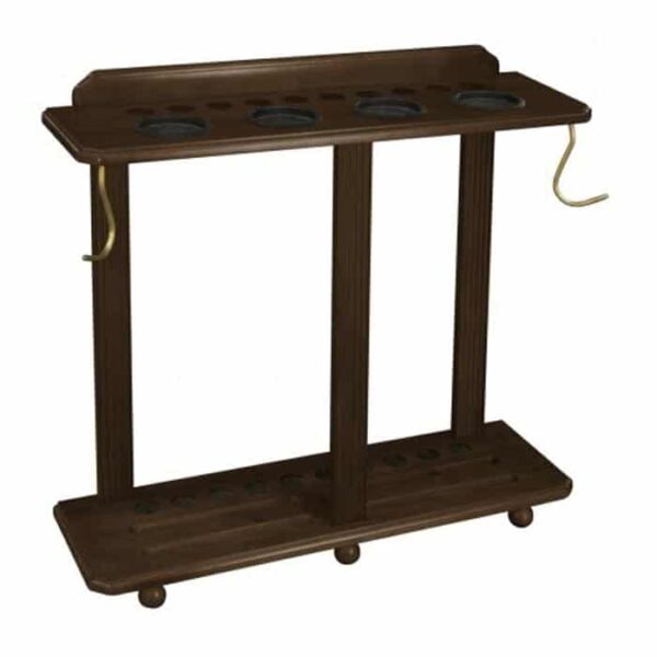 The Heritage Floor Cue Rack-Nutmeg is a wooden stand with two rows of circular slots for cues, two metal hooks on the side, and stands on four round feet.