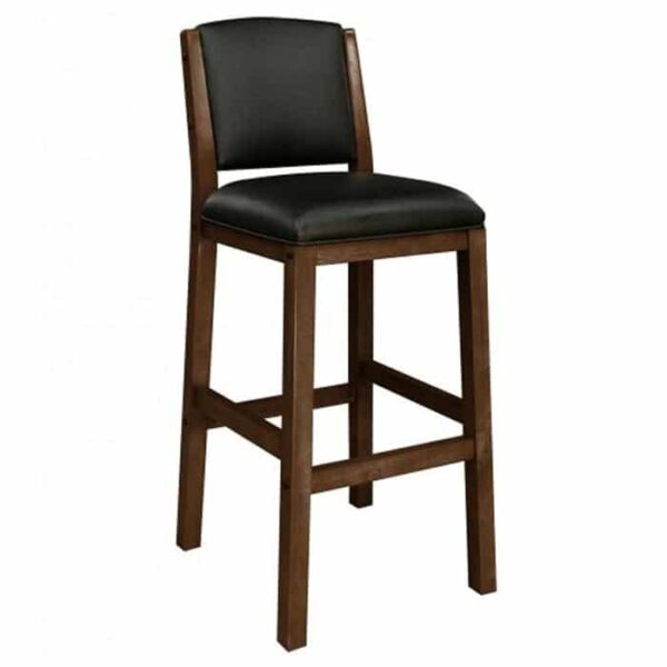 The Heritage Backed Barstool - Nutmeg features a tall, dark brown wooden frame with straight legs, a footrest, and a black cushioned seat and backrest for comfort.