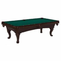 The 8 Stallion Billiard Package features a dark wood pool table with ornate legs, a green felt surface, and six pockets.