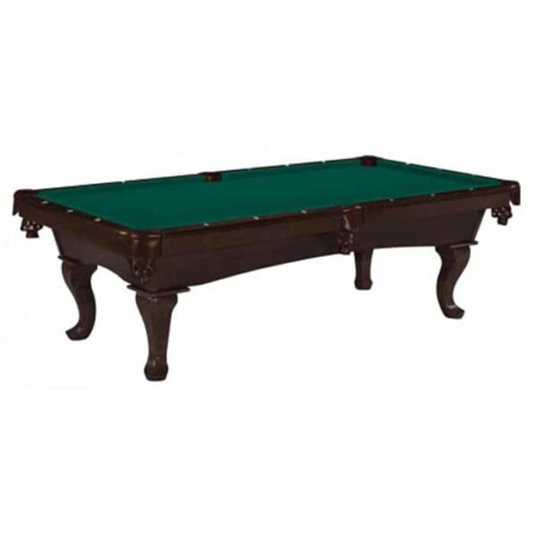 The 8 Stallion Billiard Package features a dark wood pool table with ornate legs, a green felt surface, and six pockets.