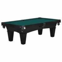 The 8 Mustang (Onyx) Billiard Package features a black pool table with green felt, six pockets, and four wide, angled legs.
