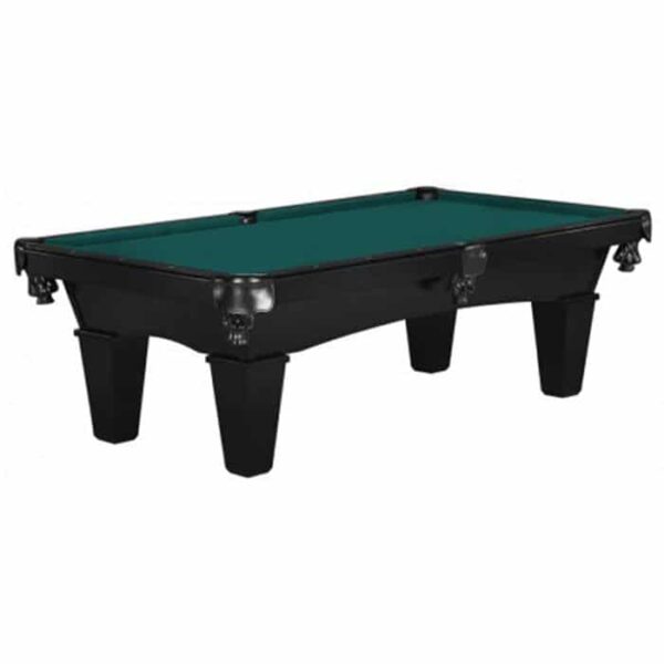 The 8 Mustang (Onyx) Billiard Package features a black pool table with green felt, six pockets, and four wide, angled legs.