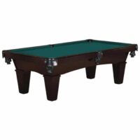 The 8 Mustang (Nutmeg) Billiard Package features a dark brown wood pool table with green felt, six pockets, and sturdy square legs.