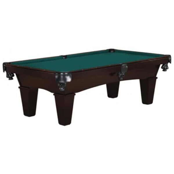 The 8 Mustang (Nutmeg) Billiard Package features a dark brown wood pool table with green felt, six pockets, and sturdy square legs.